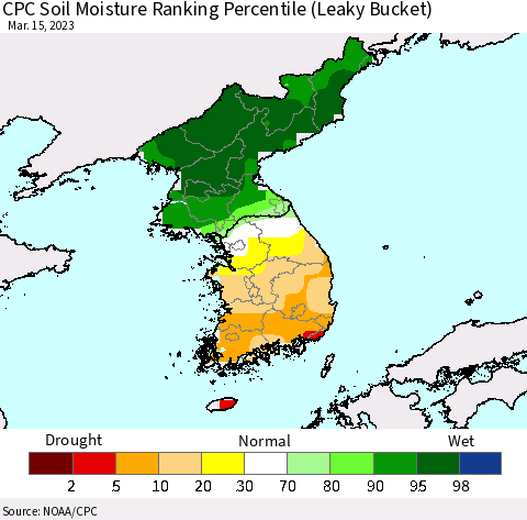 Korea CPC Soil Moisture Ranking Percentile (Leaky Bucket) Thematic Map For 3/11/2023 - 3/15/2023