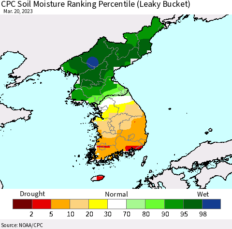 Korea CPC Soil Moisture Ranking Percentile (Leaky Bucket) Thematic Map For 3/16/2023 - 3/20/2023