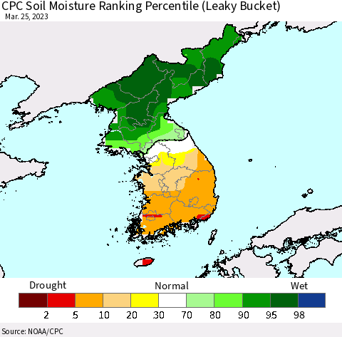 Korea CPC Soil Moisture Ranking Percentile (Leaky Bucket) Thematic Map For 3/21/2023 - 3/25/2023