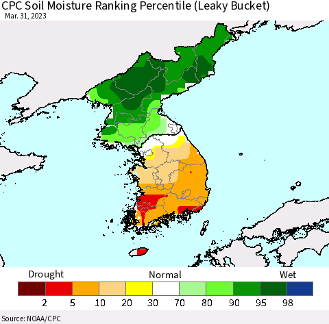 Korea CPC Soil Moisture Ranking Percentile (Leaky Bucket) Thematic Map For 3/26/2023 - 3/31/2023