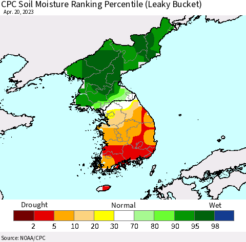 Korea CPC Soil Moisture Ranking Percentile (Leaky Bucket) Thematic Map For 4/16/2023 - 4/20/2023