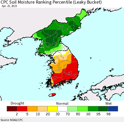 Korea CPC Soil Moisture Ranking Percentile (Leaky Bucket) Thematic Map For 4/21/2023 - 4/25/2023