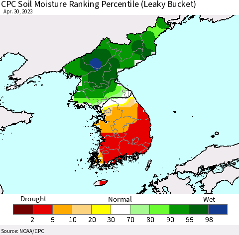 Korea CPC Soil Moisture Ranking Percentile Thematic Map For 4/26/2023 - 4/30/2023