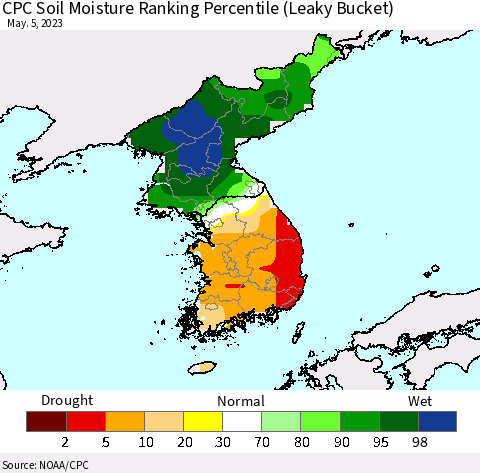Korea CPC Soil Moisture Ranking Percentile (Leaky Bucket) Thematic Map For 5/1/2023 - 5/5/2023