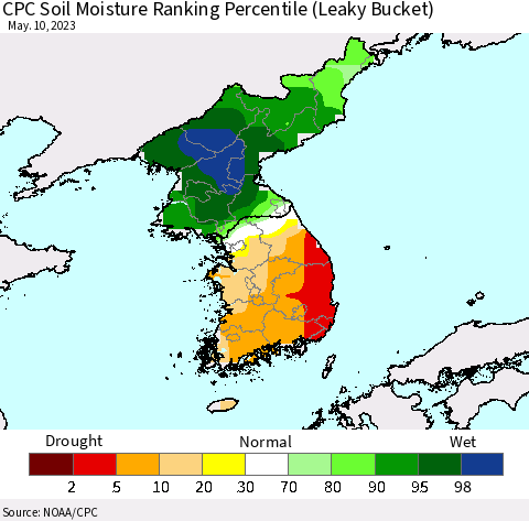 Korea CPC Soil Moisture Ranking Percentile (Leaky Bucket) Thematic Map For 5/6/2023 - 5/10/2023