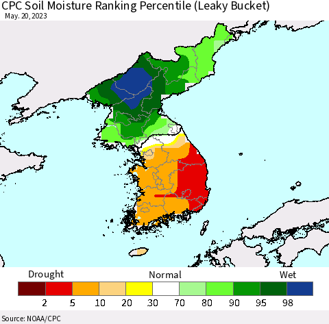 Korea CPC Soil Moisture Ranking Percentile (Leaky Bucket) Thematic Map For 5/16/2023 - 5/20/2023