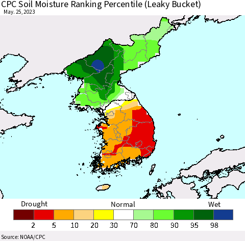 Korea CPC Soil Moisture Ranking Percentile Thematic Map For 5/21/2023 - 5/25/2023