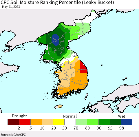Korea CPC Soil Moisture Ranking Percentile (Leaky Bucket) Thematic Map For 5/26/2023 - 5/31/2023