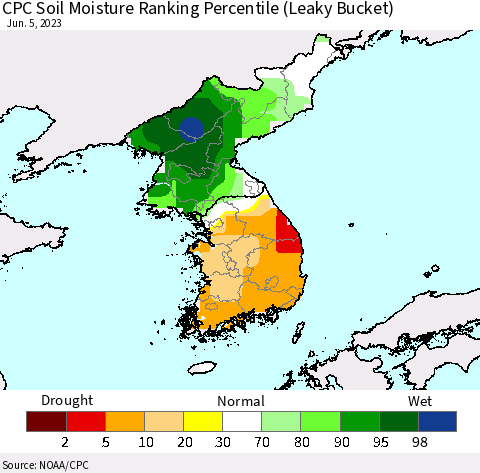Korea CPC Soil Moisture Ranking Percentile (Leaky Bucket) Thematic Map For 6/1/2023 - 6/5/2023