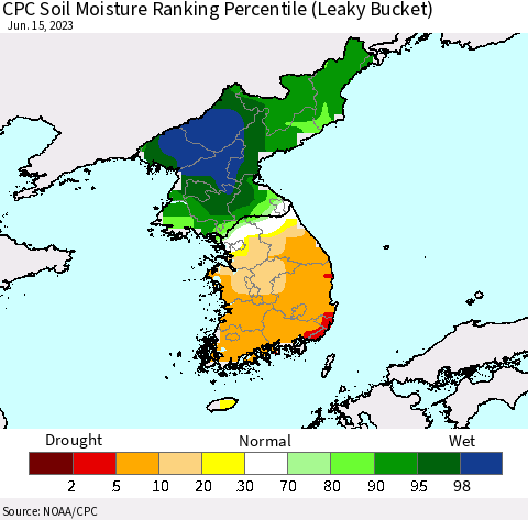 Korea CPC Soil Moisture Ranking Percentile (Leaky Bucket) Thematic Map For 6/11/2023 - 6/15/2023