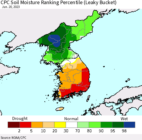 Korea CPC Soil Moisture Ranking Percentile (Leaky Bucket) Thematic Map For 6/16/2023 - 6/20/2023