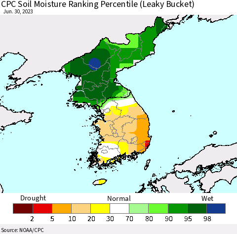 Korea CPC Soil Moisture Ranking Percentile Thematic Map For 6/26/2023 - 6/30/2023