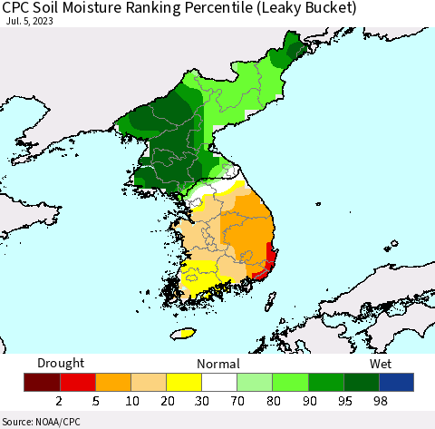 Korea CPC Soil Moisture Ranking Percentile (Leaky Bucket) Thematic Map For 7/1/2023 - 7/5/2023