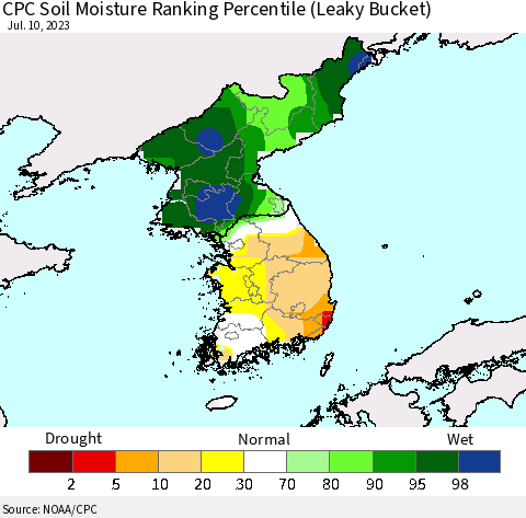Korea CPC Soil Moisture Ranking Percentile (Leaky Bucket) Thematic Map For 7/6/2023 - 7/10/2023