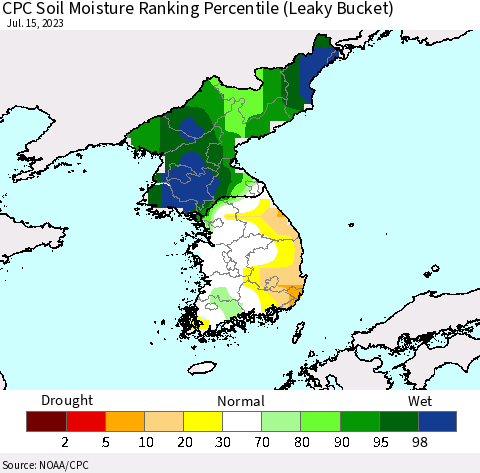 Korea CPC Soil Moisture Ranking Percentile (Leaky Bucket) Thematic Map For 7/11/2023 - 7/15/2023