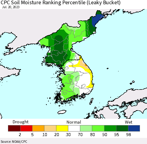 Korea CPC Soil Moisture Ranking Percentile (Leaky Bucket) Thematic Map For 7/16/2023 - 7/20/2023