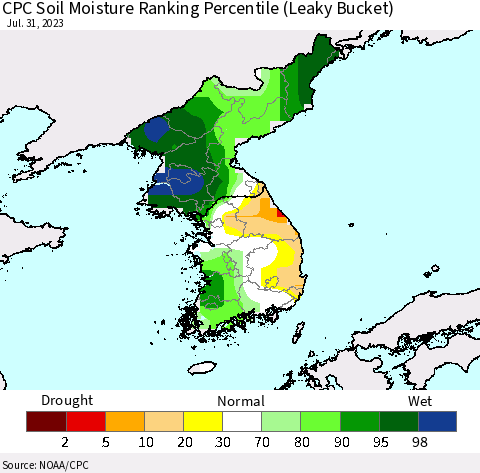 Korea CPC Soil Moisture Ranking Percentile Thematic Map For 7/26/2023 - 7/31/2023