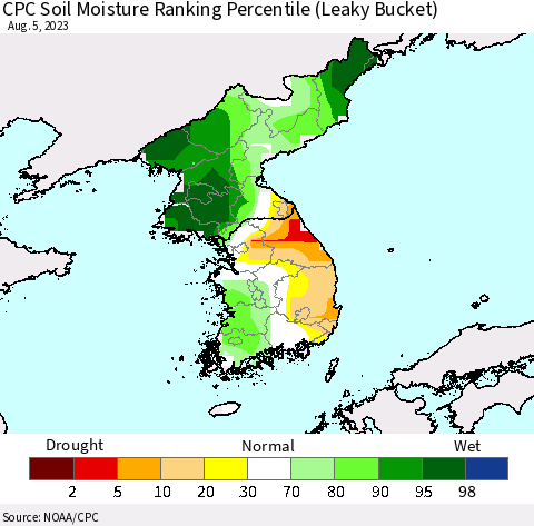 Korea CPC Soil Moisture Ranking Percentile (Leaky Bucket) Thematic Map For 8/1/2023 - 8/5/2023