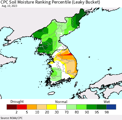 Korea CPC Soil Moisture Ranking Percentile Thematic Map For 8/6/2023 - 8/10/2023