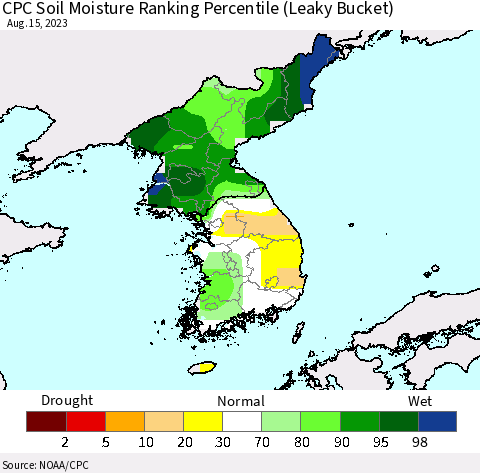 Korea CPC Soil Moisture Ranking Percentile (Leaky Bucket) Thematic Map For 8/11/2023 - 8/15/2023