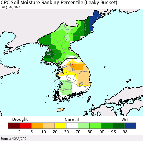 Korea CPC Soil Moisture Ranking Percentile (Leaky Bucket) Thematic Map For 8/16/2023 - 8/20/2023