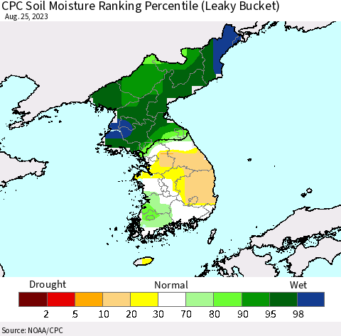 Korea CPC Soil Moisture Ranking Percentile Thematic Map For 8/21/2023 - 8/25/2023
