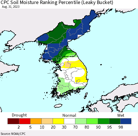 Korea CPC Soil Moisture Ranking Percentile (Leaky Bucket) Thematic Map For 8/26/2023 - 8/31/2023