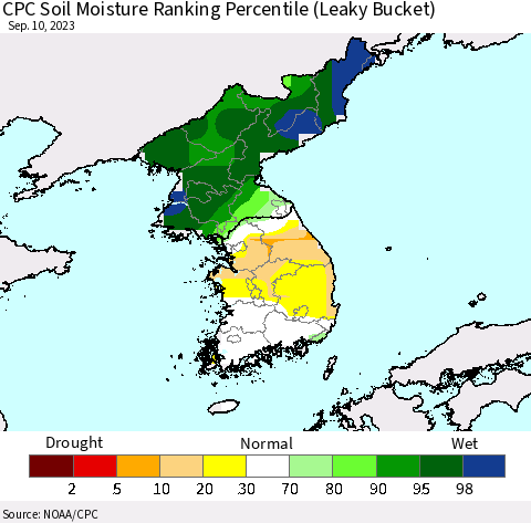Korea CPC Soil Moisture Ranking Percentile (Leaky Bucket) Thematic Map For 9/6/2023 - 9/10/2023