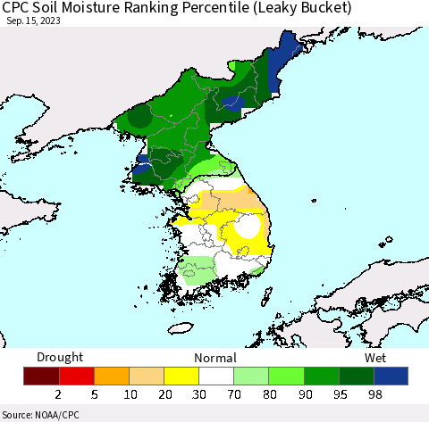 Korea CPC Soil Moisture Ranking Percentile (Leaky Bucket) Thematic Map For 9/11/2023 - 9/15/2023