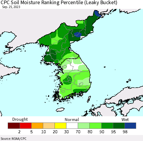 Korea CPC Soil Moisture Ranking Percentile (Leaky Bucket) Thematic Map For 9/21/2023 - 9/25/2023