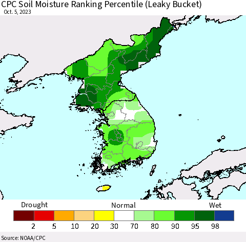Korea CPC Soil Moisture Ranking Percentile (Leaky Bucket) Thematic Map For 10/1/2023 - 10/5/2023
