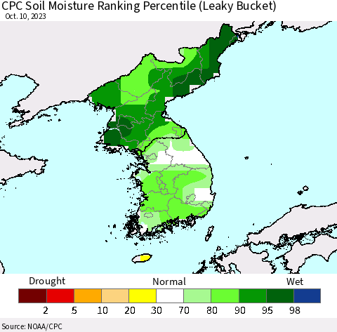 Korea CPC Soil Moisture Ranking Percentile (Leaky Bucket) Thematic Map For 10/6/2023 - 10/10/2023