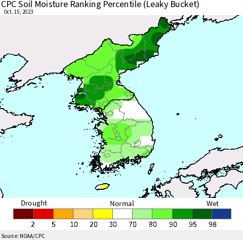 Korea CPC Soil Moisture Ranking Percentile Thematic Map For 10/11/2023 - 10/15/2023