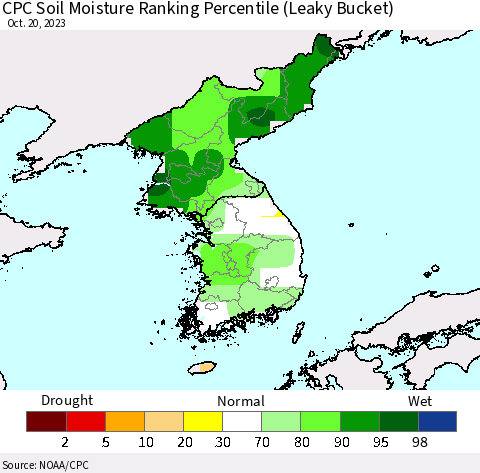 Korea CPC Soil Moisture Ranking Percentile (Leaky Bucket) Thematic Map For 10/16/2023 - 10/20/2023