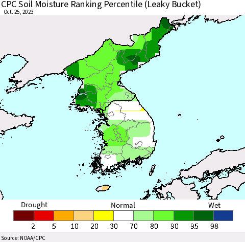 Korea CPC Soil Moisture Ranking Percentile (Leaky Bucket) Thematic Map For 10/21/2023 - 10/25/2023