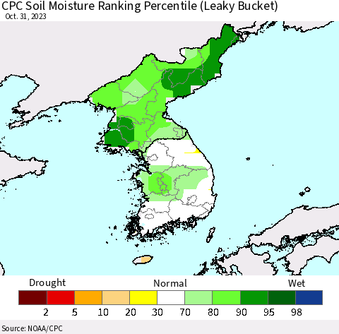 Korea CPC Soil Moisture Ranking Percentile (Leaky Bucket) Thematic Map For 10/26/2023 - 10/31/2023