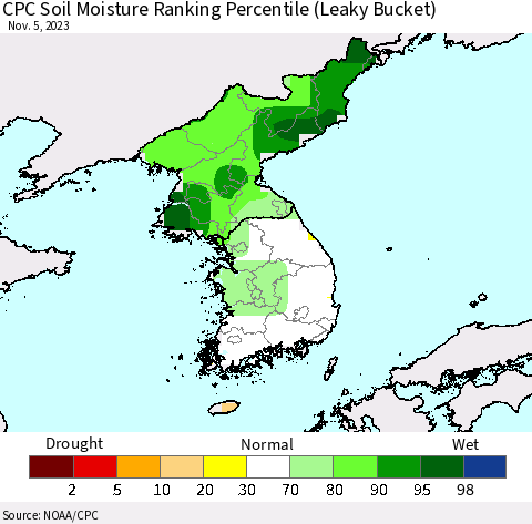 Korea CPC Soil Moisture Ranking Percentile (Leaky Bucket) Thematic Map For 11/1/2023 - 11/5/2023
