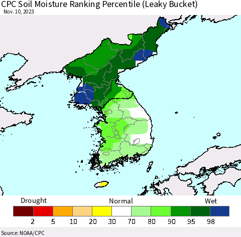 Korea CPC Soil Moisture Ranking Percentile (Leaky Bucket) Thematic Map For 11/6/2023 - 11/10/2023