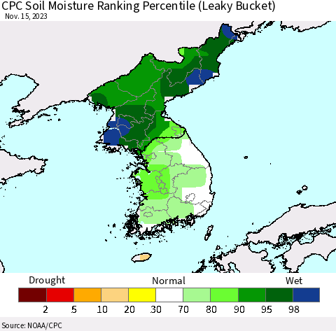 Korea CPC Soil Moisture Ranking Percentile (Leaky Bucket) Thematic Map For 11/11/2023 - 11/15/2023