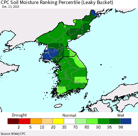 Korea CPC Soil Moisture Ranking Percentile (Leaky Bucket) Thematic Map For 12/11/2023 - 12/15/2023