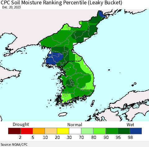 Korea CPC Soil Moisture Ranking Percentile (Leaky Bucket) Thematic Map For 12/16/2023 - 12/20/2023