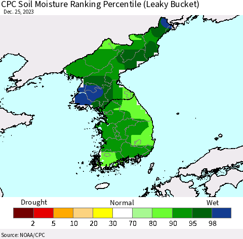 Korea CPC Soil Moisture Ranking Percentile (Leaky Bucket) Thematic Map For 12/21/2023 - 12/25/2023