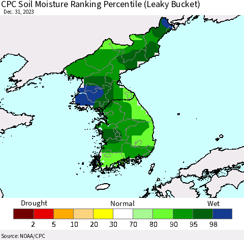 Korea CPC Soil Moisture Ranking Percentile (Leaky Bucket) Thematic Map For 12/26/2023 - 12/31/2023