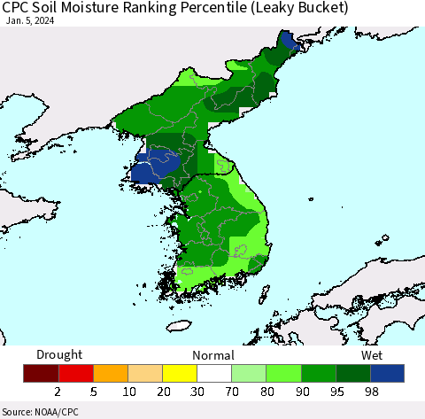 Korea CPC Soil Moisture Ranking Percentile (Leaky Bucket) Thematic Map For 1/1/2024 - 1/5/2024