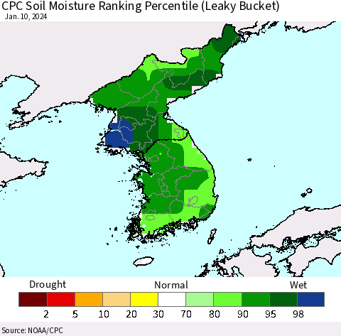 Korea CPC Soil Moisture Ranking Percentile (Leaky Bucket) Thematic Map For 1/6/2024 - 1/10/2024