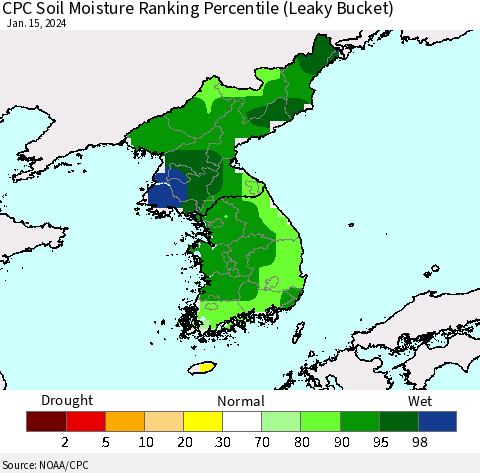 Korea CPC Soil Moisture Ranking Percentile (Leaky Bucket) Thematic Map For 1/11/2024 - 1/15/2024