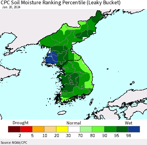 Korea CPC Soil Moisture Ranking Percentile (Leaky Bucket) Thematic Map For 1/16/2024 - 1/20/2024