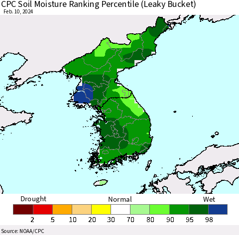 Korea CPC Soil Moisture Ranking Percentile (Leaky Bucket) Thematic Map For 2/6/2024 - 2/10/2024