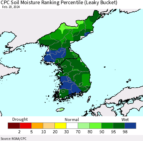 Korea CPC Soil Moisture Ranking Percentile (Leaky Bucket) Thematic Map For 2/16/2024 - 2/20/2024