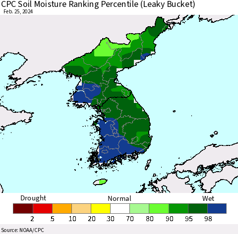 Korea CPC Soil Moisture Ranking Percentile (Leaky Bucket) Thematic Map For 2/21/2024 - 2/25/2024
